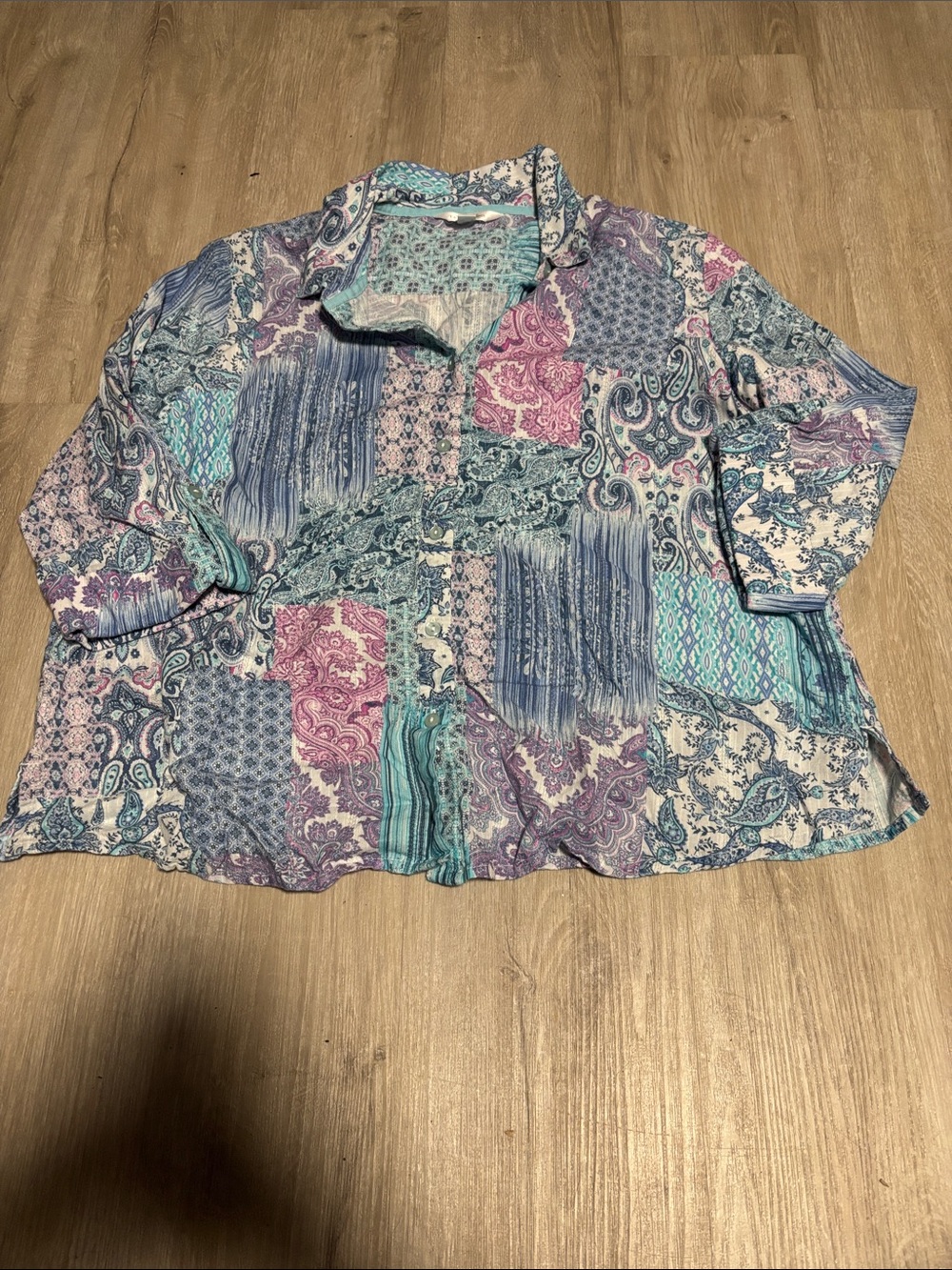 Northern Reflections Patchwork Button-Down Shirt in Teal, Blue & Purple